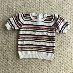 Janie and Jack Knit Puff Sleeve Top with Pink Teal Tan and Black Stripes
